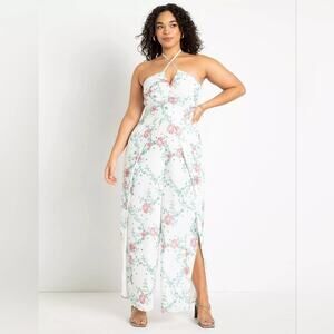 Size 20 Eloquii white jumpsuit, pink floral print, halter, slit leg, New